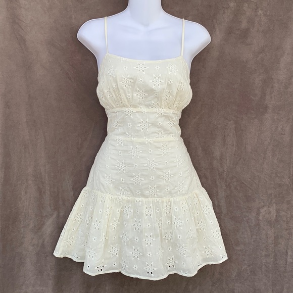 Revolve Lovers + Friends Cream Eyelet Embroidered Back Tie Spaghetti Strap Dress - Picture 3 of 16